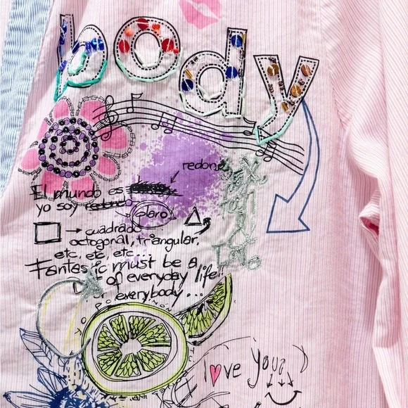 Desigual Embroidered Beaded Graphic Button Up Shirt XXL - Picture 6 of 7